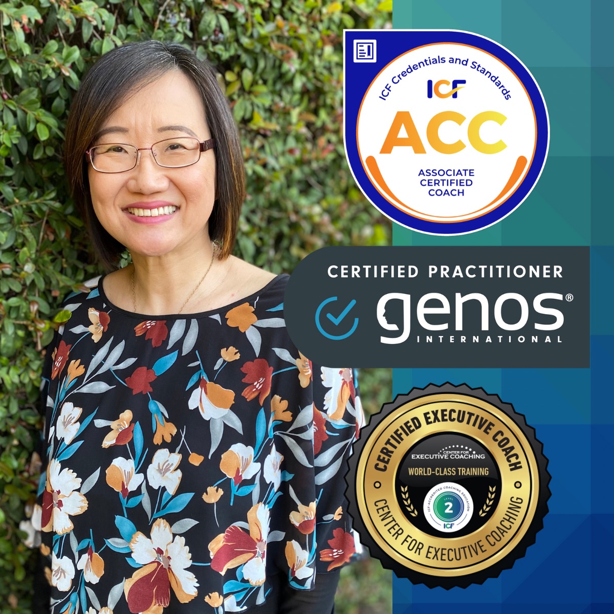 Asian woman in color blouse with short brown hair and red wire glasses. Certifications from the International Coaching Federation, Genos International and the Center for Executive Coaching